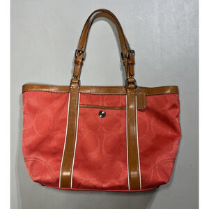Coach Signature Gallery Tote Bag Coral & Brown Leather Trim Zip Travel F13560